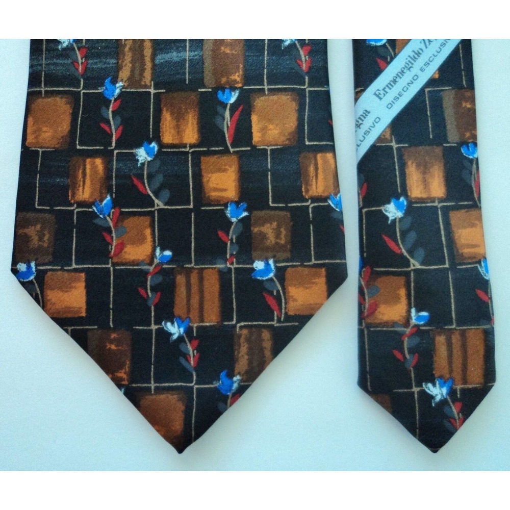 Ermenegildo Zegna Italy 100% Silk Tie Black Brown Blue Flowers Geometric 4 x 56